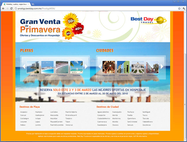 Page de renvoie de offerts de voyages BestDay Travel