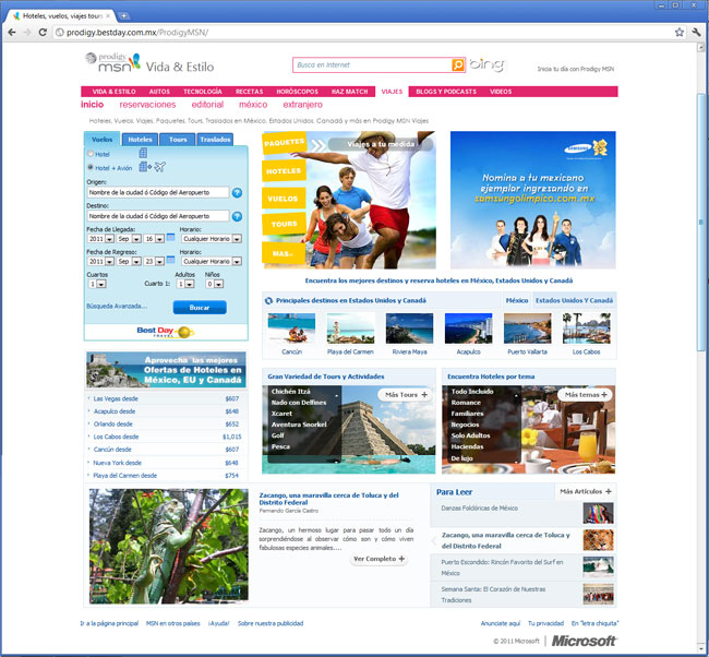 Page de renvoie de Prodigy-msn voyages et BestDay Travel